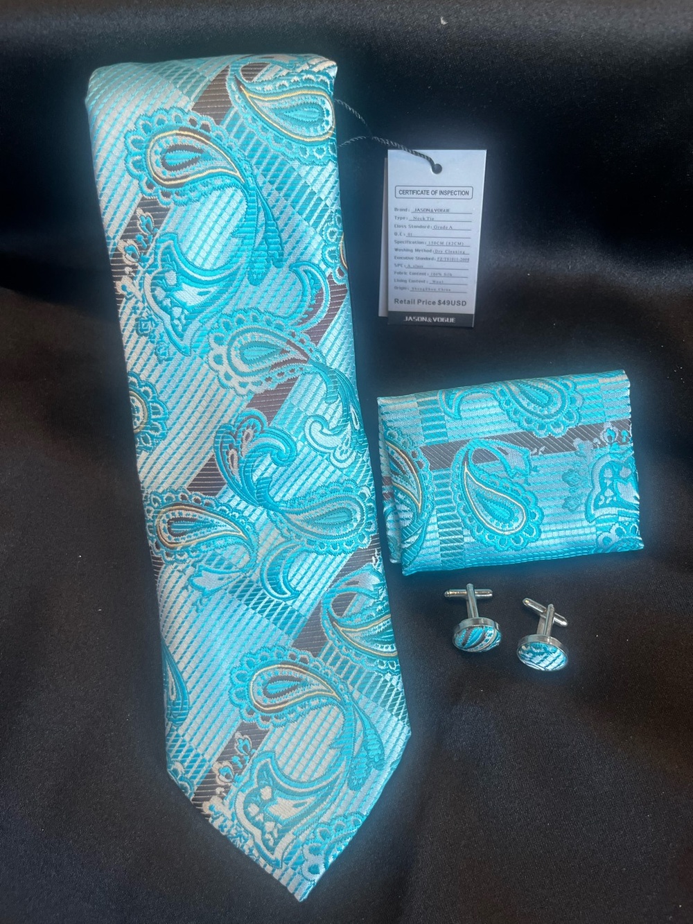 Men's Turquoise Paisley Tie Set with Pocket Square and Cufflinks